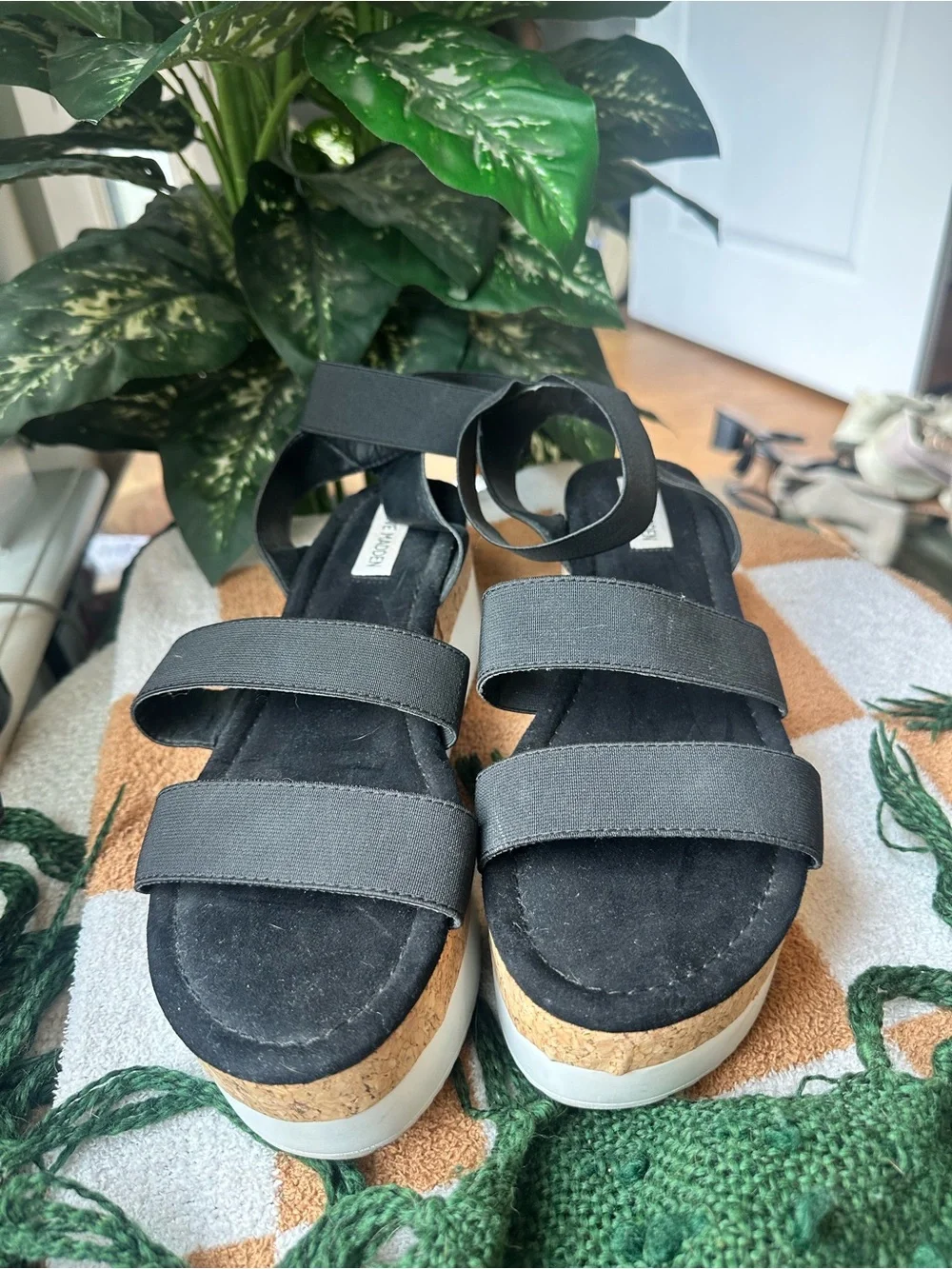 Steve Madden Black Cork-Platform Strappy Sandals
